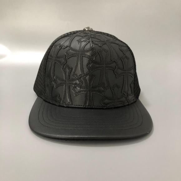 Meet the Posher Accessories - Chrome Hearts Black Trucker Hat with Leather Cross Logo Baseball Cap Women Men